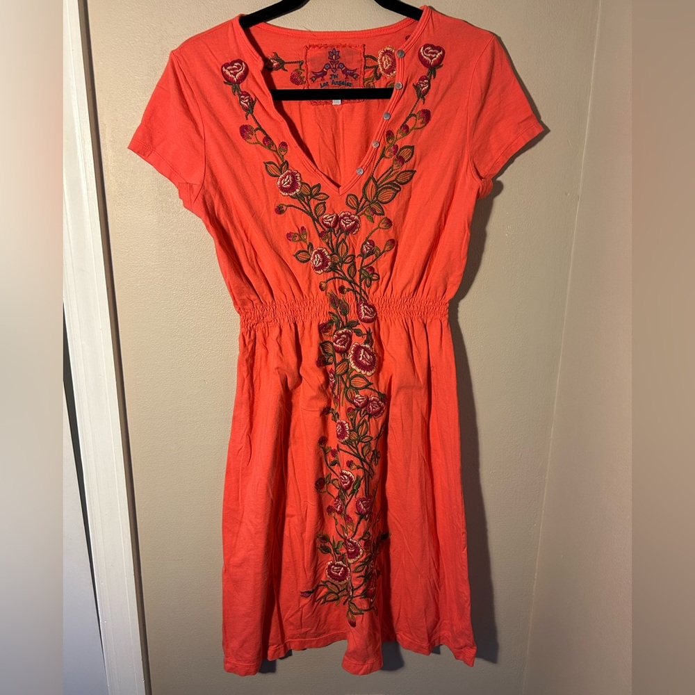 JOHNNY WAS RED MIDI DRESS WITH EMBROIDERY DOWN THE FRONT AND ACROSS THE BACK SM